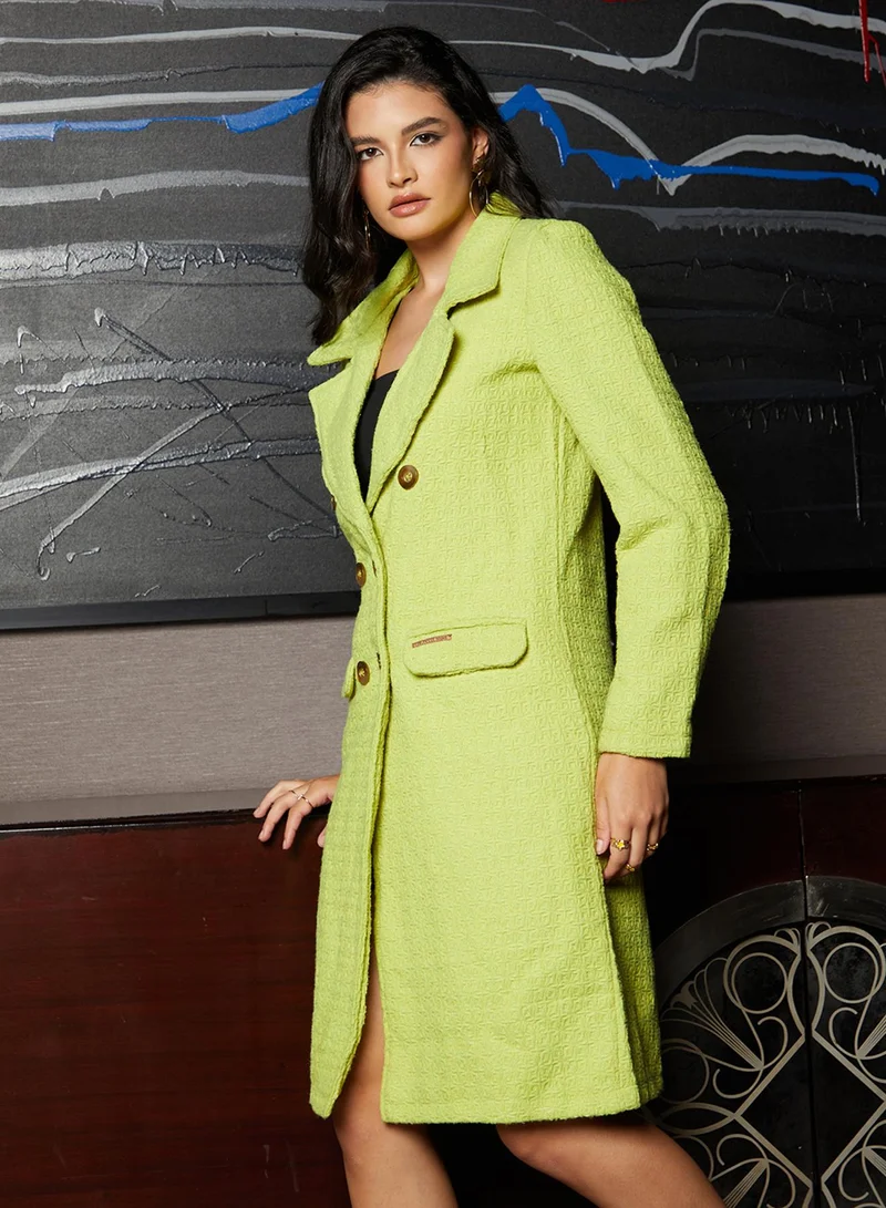 كامبوس سوترا Women's Neon Green Double-Breasted Textured Long Coat