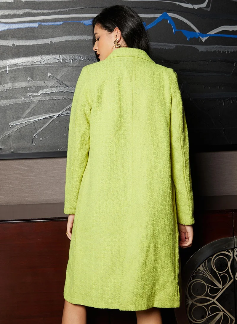 كامبوس سوترا Women's Neon Green Double-Breasted Textured Long Coat
