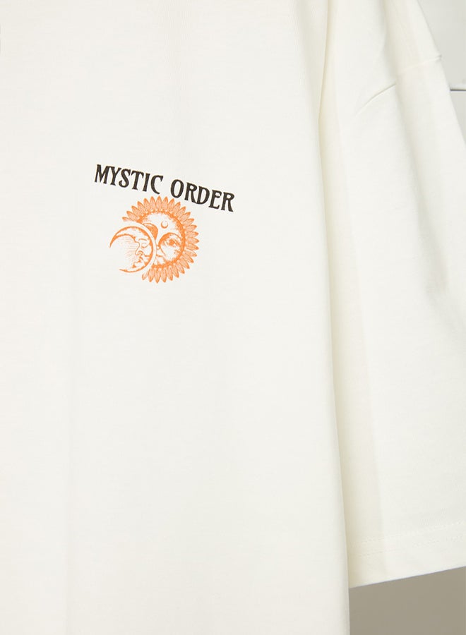 trendyol Ecru Oversize/Wide Cut Short Sleeve Mystic Printed 100% Cotton T-Shirt  - Image 5