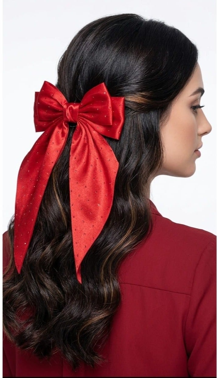 مشابك شعر كبيرة من الساتان الحريري الناعم، مشابك شعر بمظهر جمالي، مشابك معدنية على شكل فيونكة، اكسسوارات شعر لحفلات الزفاف  (لون أحمر)