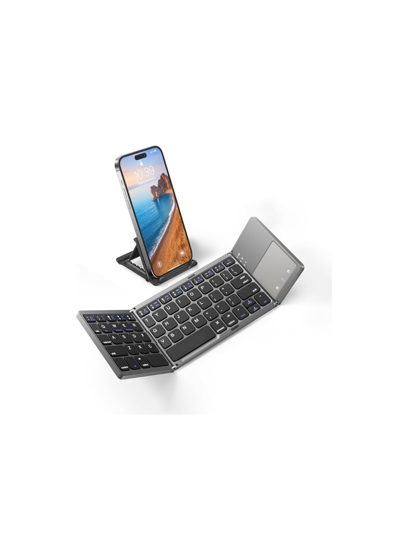 Generic - Foldable Bluetooth Touchpad Keyboard – Ultra-thin Wireless Portable Keyboard with Magnetic Holder, Rechargeable for Android, Windows, iOS, Tablets & Laptops – Gray - Image 1