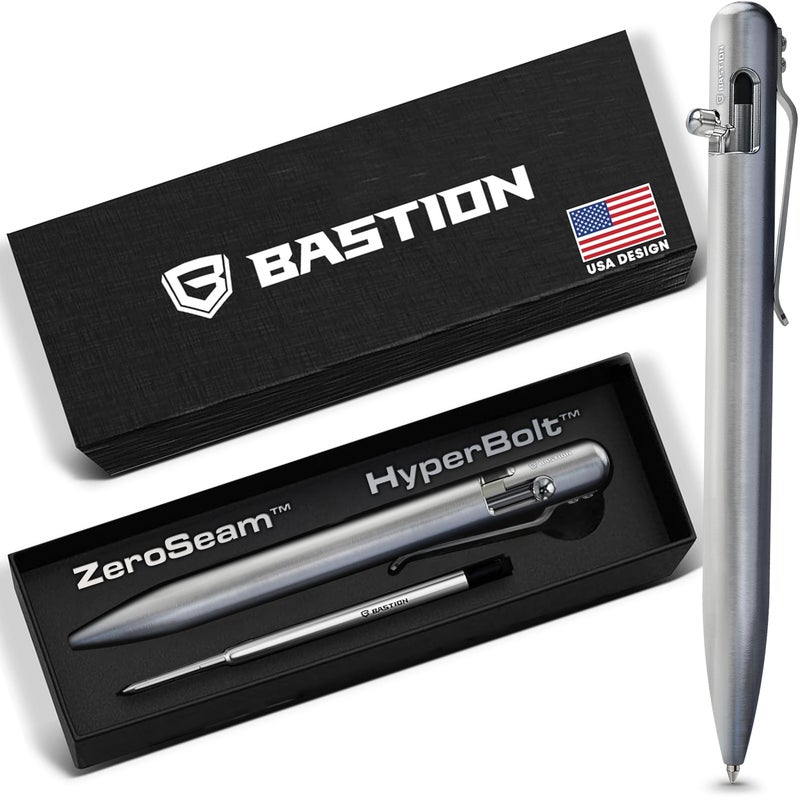 BASTION Titanium Bolt Action Pen - exclusive Hyperbolt & ZeroSeam, CNC Machined EDC Writing Tool, Refillable, Flagship Executive Gift Pen - Silver - Image 1