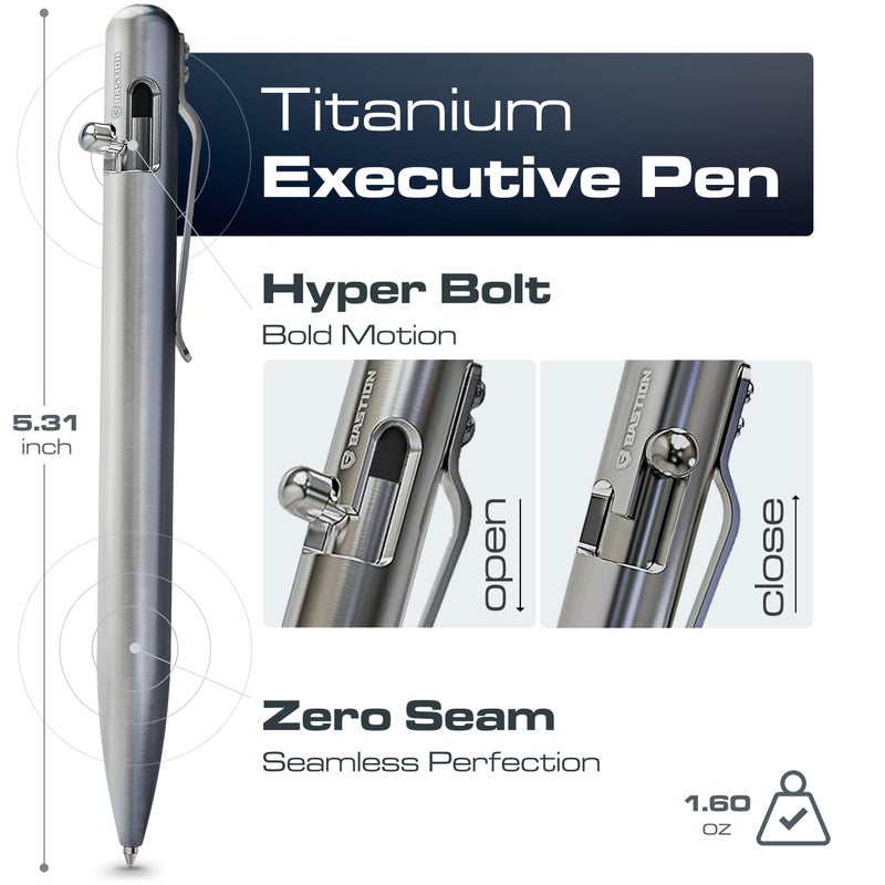 BASTION Titanium Bolt Action Pen - exclusive Hyperbolt & ZeroSeam, CNC Machined EDC Writing Tool, Refillable, Flagship Executive Gift Pen - Silver - Image 2
