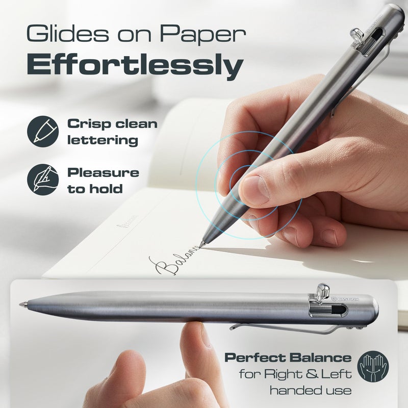BASTION Titanium Bolt Action Pen - exclusive Hyperbolt & ZeroSeam, CNC Machined EDC Writing Tool, Refillable, Flagship Executive Gift Pen - Silver - Image 3