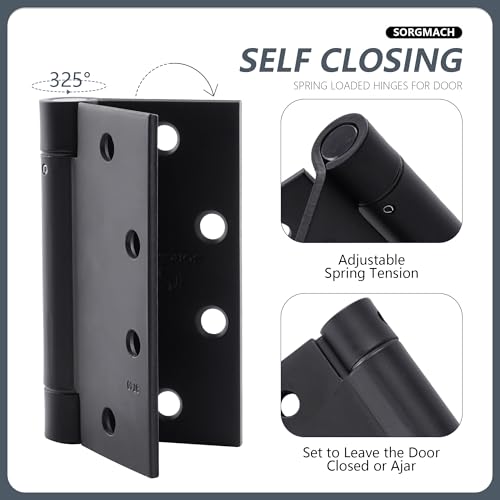SORGMACH Self Closing Door Hinge 4-1/2 inch Matte Black Auto Close Hinges Adjustable 4 ½"x 4 ½" Spring Hinges Door Closer Hinge Square Corner Commercial Auto Self-Closing Hinge 3 Pieces - Image 4