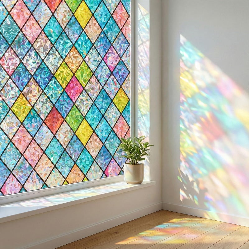 Coavas Window Privacy Film Stained Glass Window Clings 3D Rainbow Film for Glass Door Decorative Colorful Lattice Stickers Static Cling Sun Blocking Door Coverings for Home 175 x 787 inch - Image 2