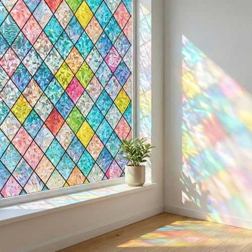 Coavas Window Privacy Film Stained Glass Window Clings 3D Rainbow Film for Glass Door Decorative Colorful Lattice Stickers Static Cling Sun Blocking Door Coverings for Home 175 x 787 inch - Image 1