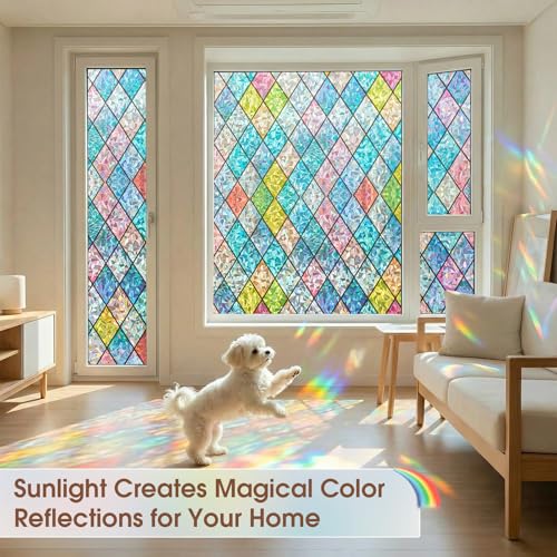 Coavas Window Privacy Film Stained Glass Window Clings 3D Rainbow Film for Glass Door Decorative Colorful Lattice Stickers Static Cling Sun Blocking Door Coverings for Home 175 x 787 inch - Image 3