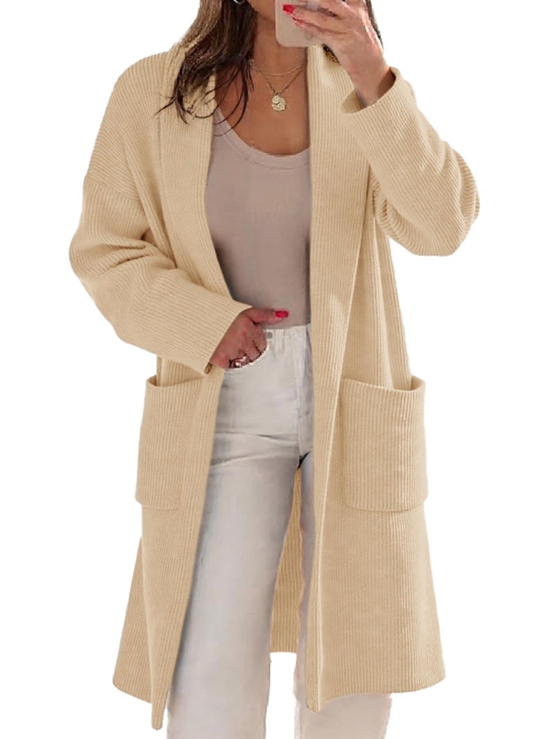 Simplee Womens Long Cardigan Sweaters Fall 2025 Thick Long Sleeve Lapel Collar Coatigan Open Front Oversized Chunky Coat (Beige XL) - Image 1