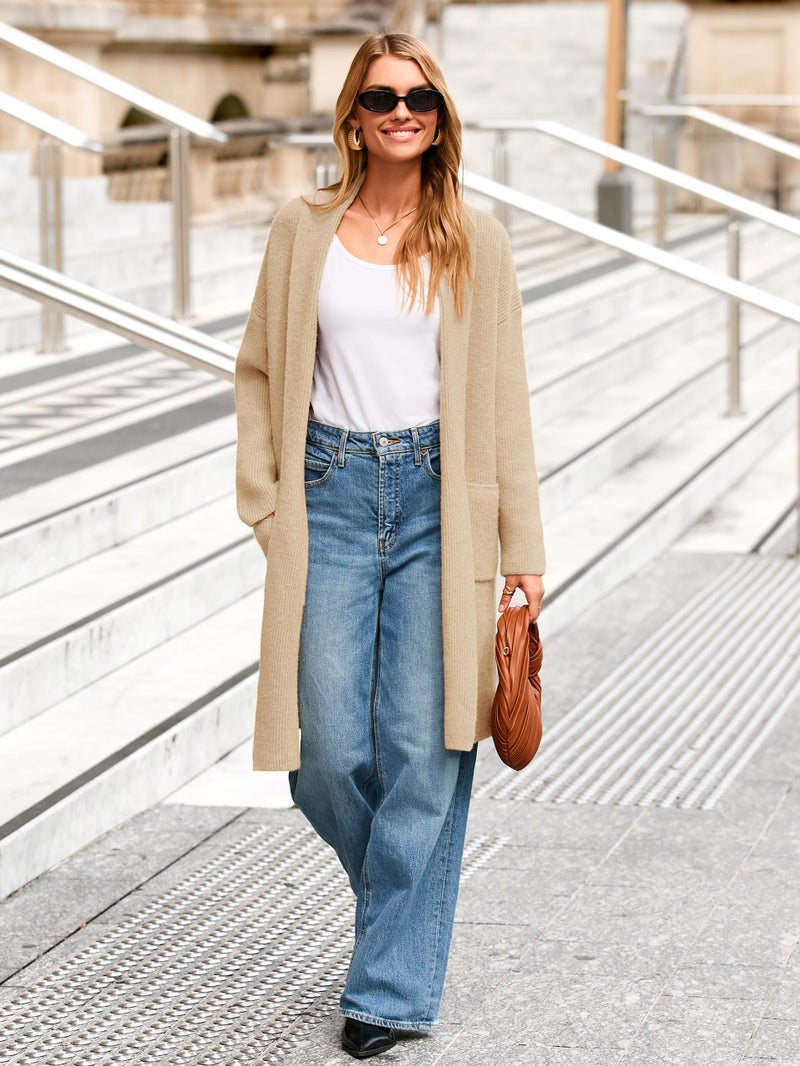Simplee Womens Long Cardigan Sweaters Fall 2025 Thick Long Sleeve Lapel Collar Coatigan Open Front Oversized Chunky Coat (Beige XL) - Image 2