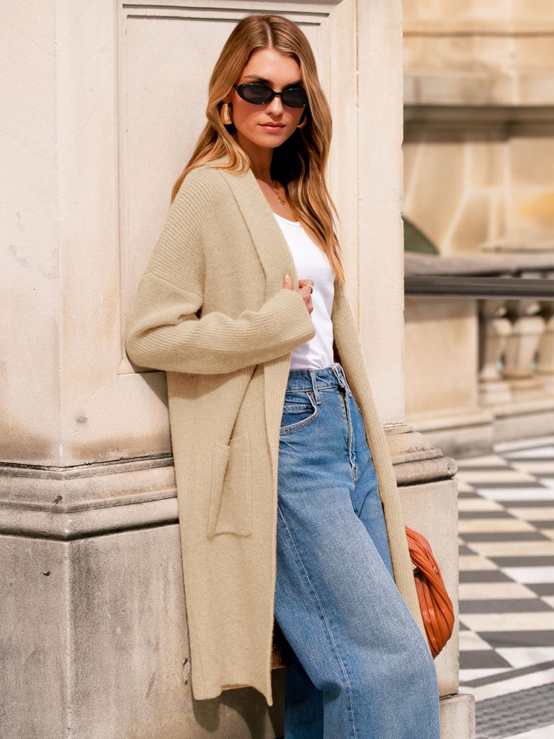 Simplee Womens Long Cardigan Sweaters Fall 2025 Thick Long Sleeve Lapel Collar Coatigan Open Front Oversized Chunky Coat (Beige XL) - Image 3