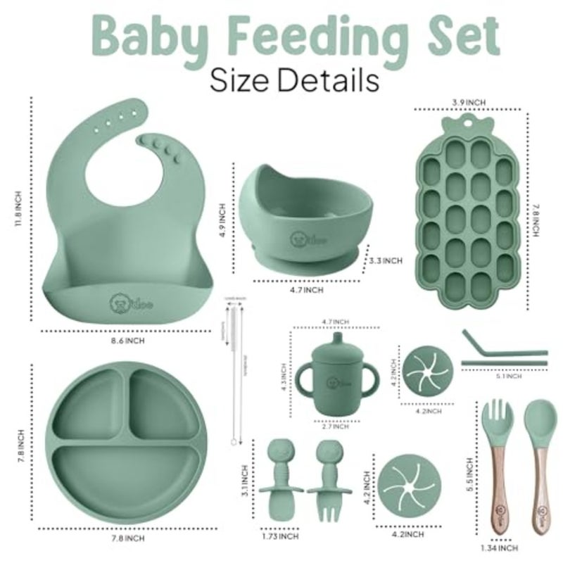 Baby Weaning Set 15 Pcs Silicone Baby Feeding Set with Suction Plate, Bowl, Bib, Sippy Cup, Fruit Feeder, Freezer Tray Silicone Feeding Set for Baby with Suction Plate, Bowl, Bib, Sippy Cup, Fruit Feeder Freezer Tray - Image 2