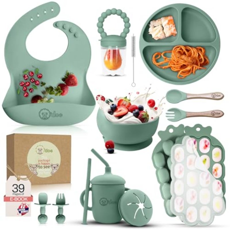 Baby Weaning Set 15 Pcs Silicone Baby Feeding Set with Suction Plate, Bowl, Bib, Sippy Cup, Fruit Feeder, Freezer Tray Silicone Feeding Set for Baby with Suction Plate, Bowl, Bib, Sippy Cup, Fruit Feeder Freezer Tray - Image 1