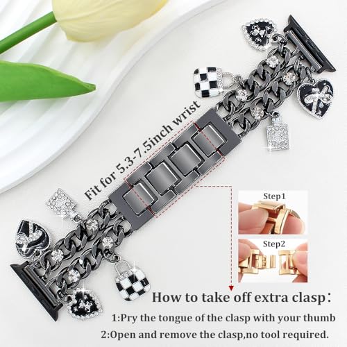 YONWORTH Cuban Chain Band Compatible with Apple Watch 42/44/45 46 49mm Women,Bling Diamond Chain Metal Wristband Cute Charms Pendants for iWatch Series 10 9 8 7 6 5 4 3 SE Ultra(A7-Black Black, 49MM) - Image 2