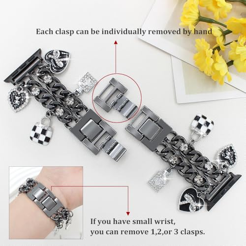 YONWORTH Cuban Chain Band Compatible with Apple Watch 42/44/45 46 49mm Women,Bling Diamond Chain Metal Wristband Cute Charms Pendants for iWatch Series 10 9 8 7 6 5 4 3 SE Ultra(A7-Black Black, 49MM) - Image 3
