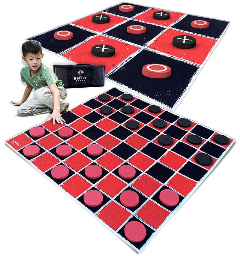 Swooc Games 2in1 Vintage Giant Checkers Tic Tac Toe Game WMat 4ft x 4ft 100 MachineWashable Canvas Giant Outdoor Games for Kids Yard Game for Kids Jumbo Lawn Set Large Checkers - Image 4