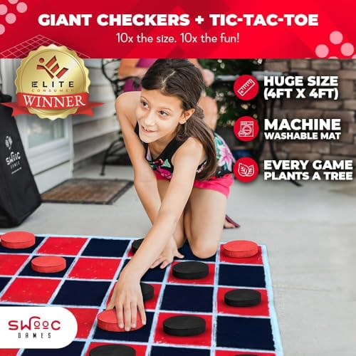 Swooc Games 2in1 Vintage Giant Checkers Tic Tac Toe Game WMat 4ft x 4ft 100 MachineWashable Canvas Giant Outdoor Games for Kids Yard Game for Kids Jumbo Lawn Set Large Checkers - Image 5