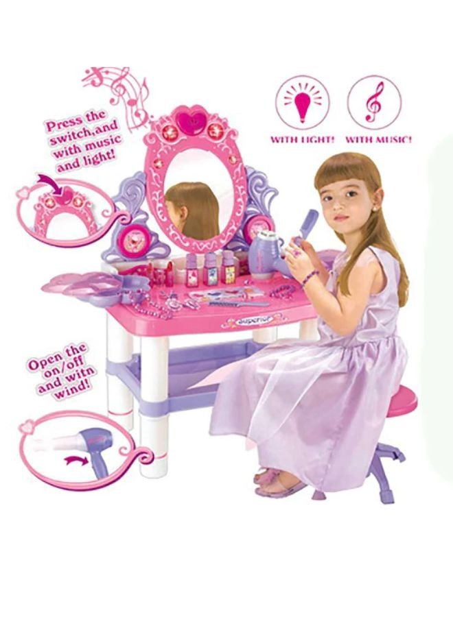 Kids Girls' Pretend Play Vanity Table Set with Mirror, Lipstick, Hair Dryer, Jewelry, and Chair - Makeup Dressing Table Toy Playset  - Image 1