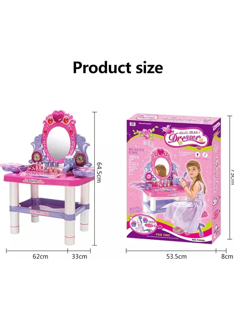 Kids Girls' Pretend Play Vanity Table Set with Mirror, Lipstick, Hair Dryer, Jewelry, and Chair - Makeup Dressing Table Toy Playset  - Image 4
