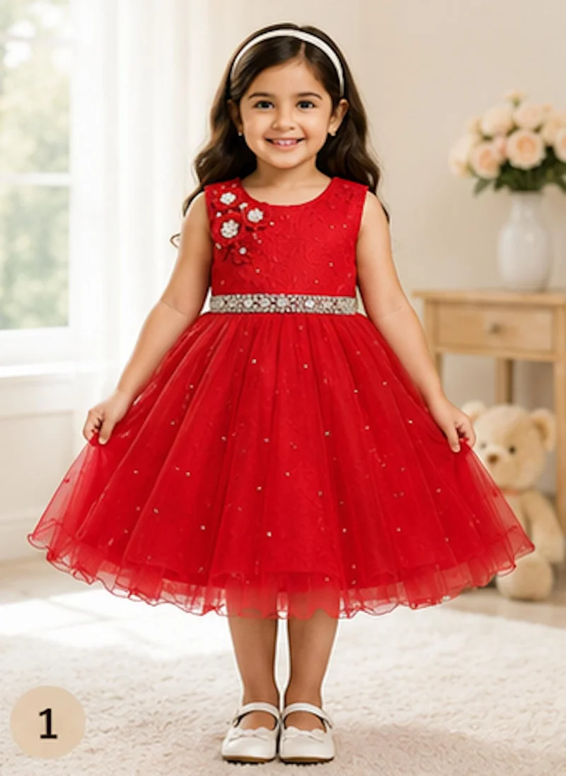 Artemea Artemea Toddler Girls Floral Embellished Mesh Fit & Flare Party Dress - Red