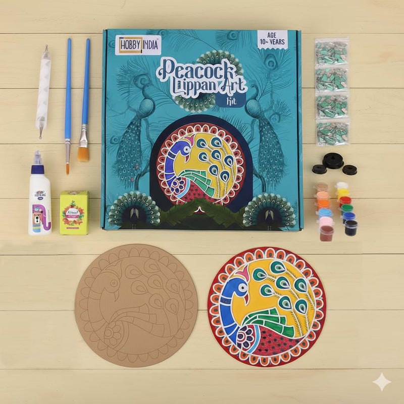 HOBBY INDIA Lippan Art and Craft Materials Kit for Adults and Beginners I Premarked MDF Board Mandala Art Painting DIY Kit for Room Wall Hanging Office and Home Decoration (Peacock) - Image 1