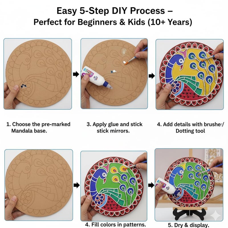 HOBBY INDIA Lippan Art and Craft Materials Kit for Adults and Beginners I Premarked MDF Board Mandala Art Painting DIY Kit for Room Wall Hanging Office and Home Decoration (Peacock) - Image 3