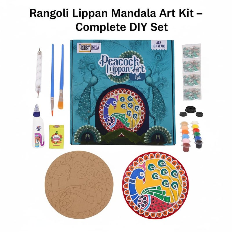 HOBBY INDIA Lippan Art and Craft Materials Kit for Adults and Beginners I Premarked MDF Board Mandala Art Painting DIY Kit for Room Wall Hanging Office and Home Decoration (Peacock) - Image 5