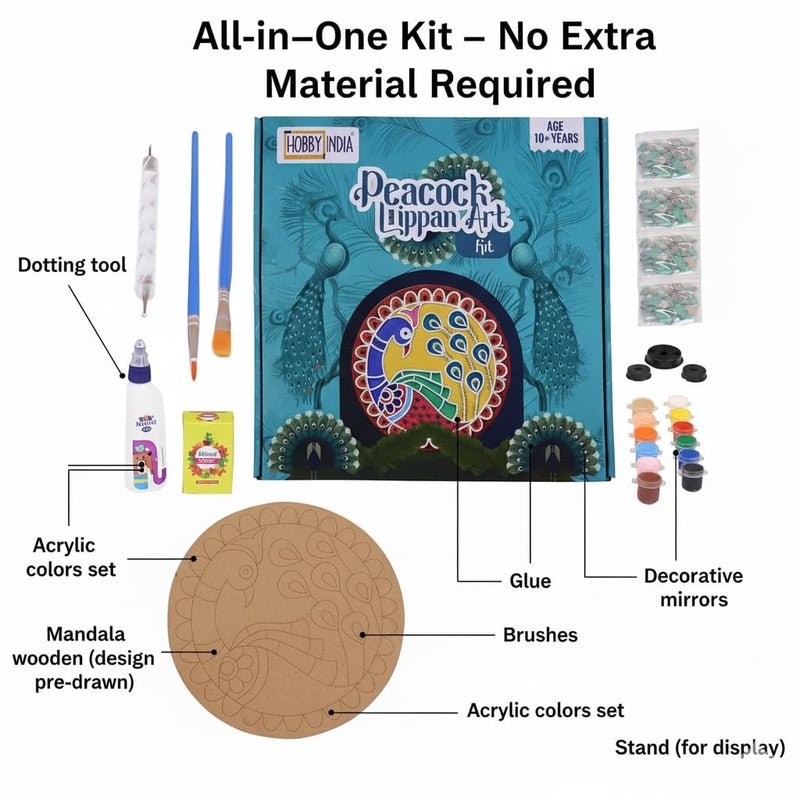 HOBBY INDIA Lippan Art and Craft Materials Kit for Adults and Beginners I Premarked MDF Board Mandala Art Painting DIY Kit for Room Wall Hanging Office and Home Decoration (Peacock) - Image 2