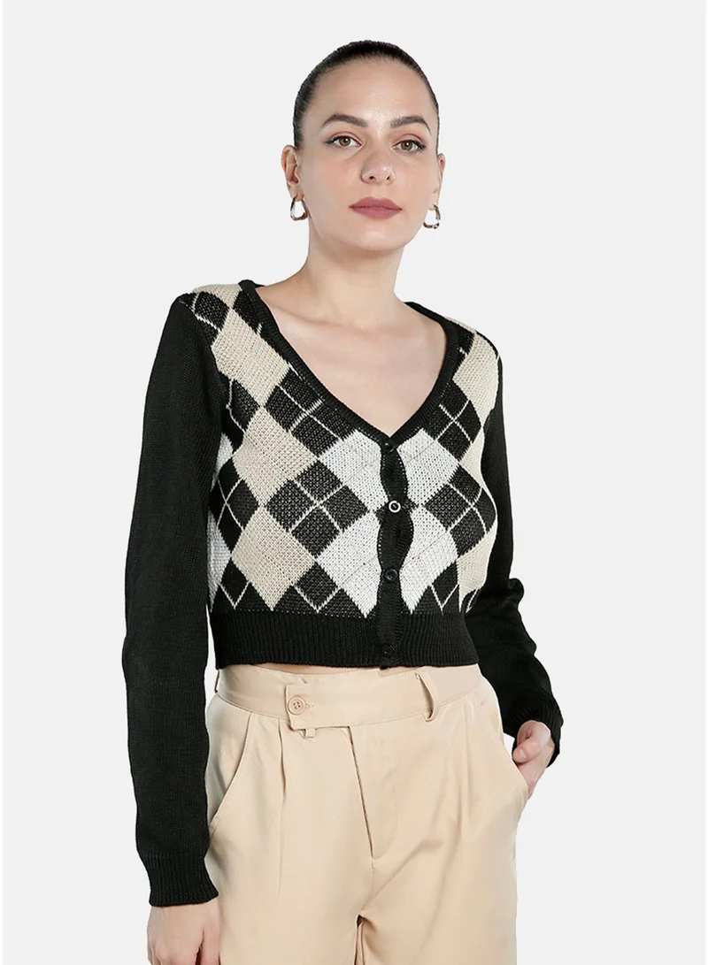 London Rag London Rag Women's White And Black Full Sleeve Argyle Checks Cardigan