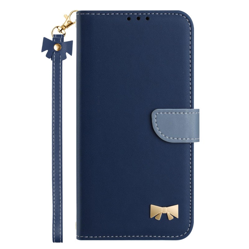 HuHa Case Cover For OPPO A36 4G / A76 / A96 Metal Bow Leather Phone Case with Hand Strap(Dark Blue) - Image 2