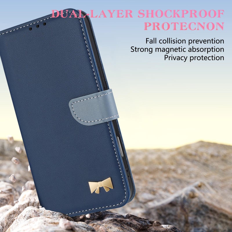 HuHa Case Cover For OPPO A36 4G / A76 / A96 Metal Bow Leather Phone Case with Hand Strap(Dark Blue) - Image 4