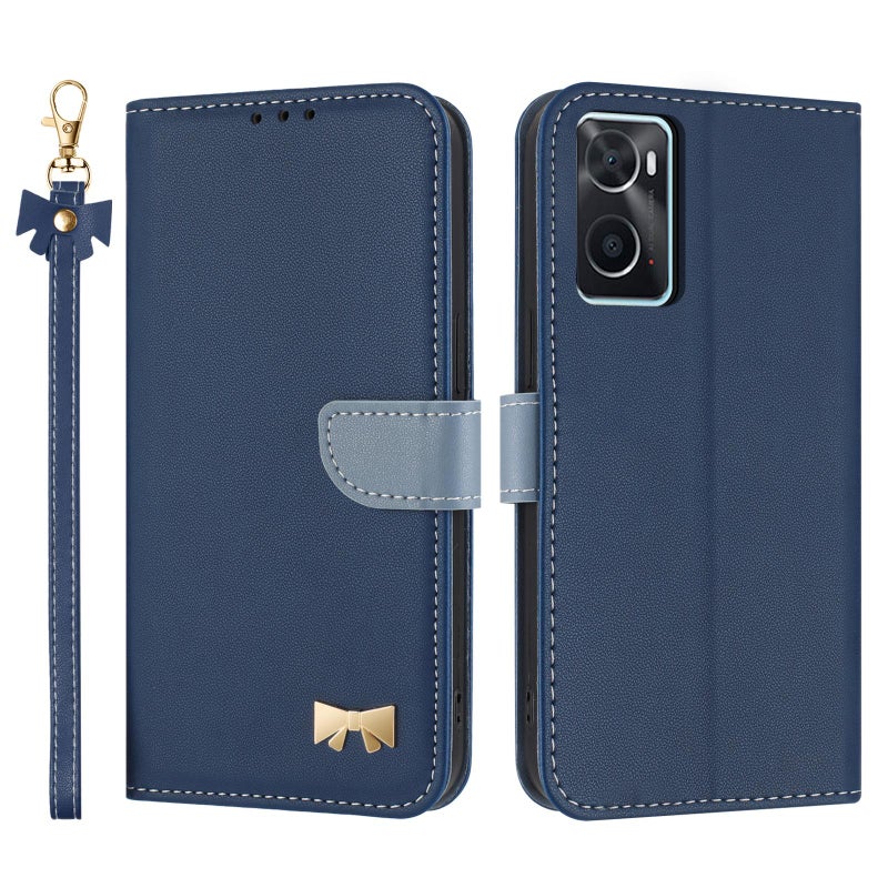 HuHa Case Cover For OPPO A36 4G / A76 / A96 Metal Bow Leather Phone Case with Hand Strap(Dark Blue) - Image 1