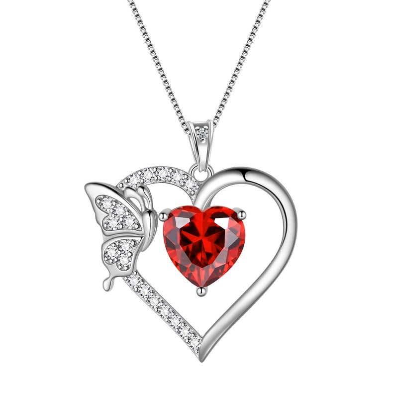 Juwaliy Red Heart Necklace Butterfly January Birthstone Necklace Garnet 925 Sterling Silver Pendant Jewelry Women Birthday Christmas Mother's Day Gifts - Image 1