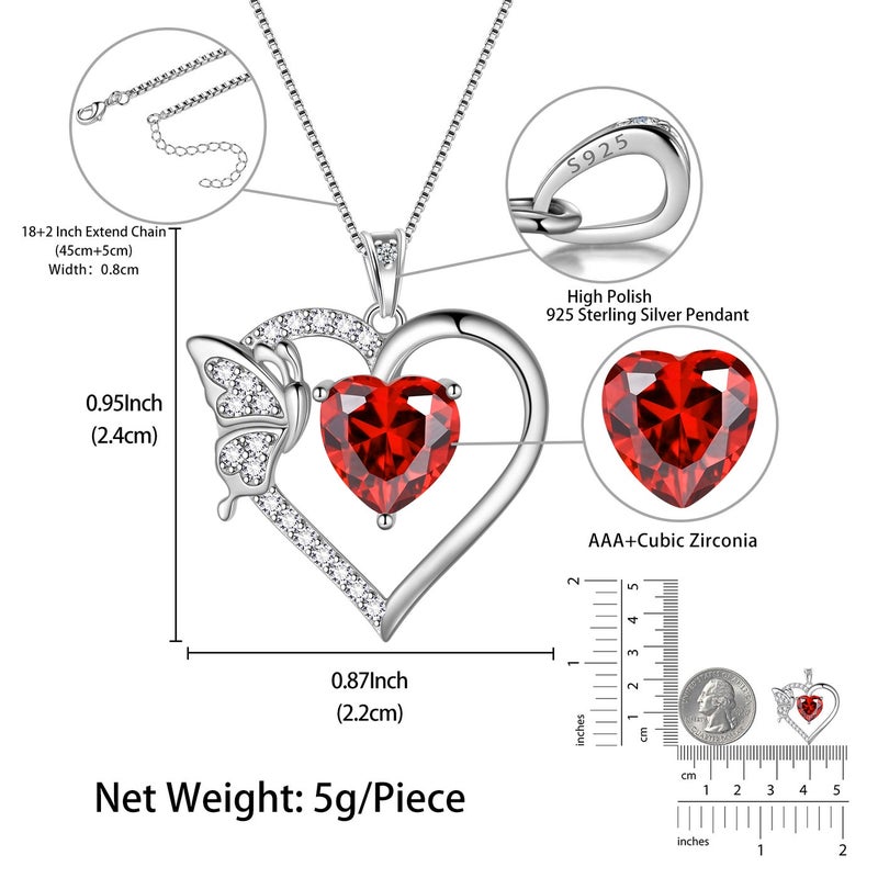Juwaliy Red Heart Necklace Butterfly January Birthstone Necklace Garnet 925 Sterling Silver Pendant Jewelry Women Birthday Christmas Mother's Day Gifts - Image 4