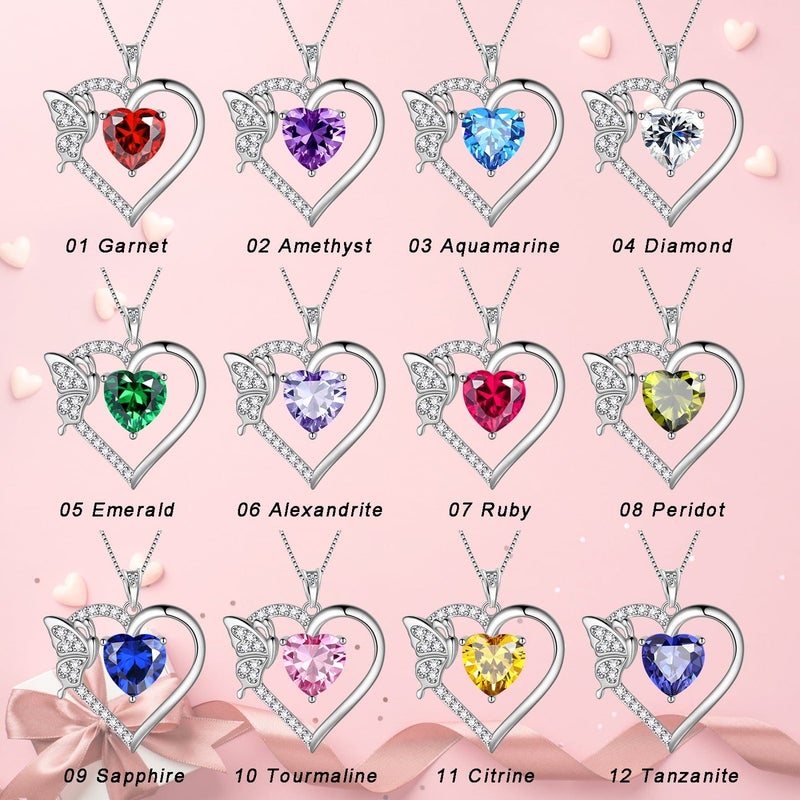 Juwaliy Red Heart Necklace Butterfly January Birthstone Necklace Garnet 925 Sterling Silver Pendant Jewelry Women Birthday Christmas Mother's Day Gifts - Image 5