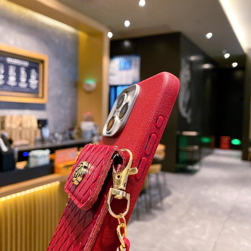 SPARKUP Crossbody Wallet Case for iPhone - Red Textured with Gold Chain, Card Holder, Strap Button Closure, Flip Kickstand, Shockproof Silicon Protective Cover (Red) (iPhone 12 Pro) - Image 3