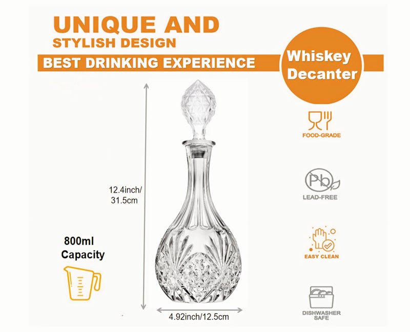 KNC Whiskey Decanter With Glass Stopper,Liquor Decanter For Alcohol,Wine,Scotch,Brandy or Bourbon, Lead-Free Crystal Decanter Circular(800ml/27oz) - Image 3