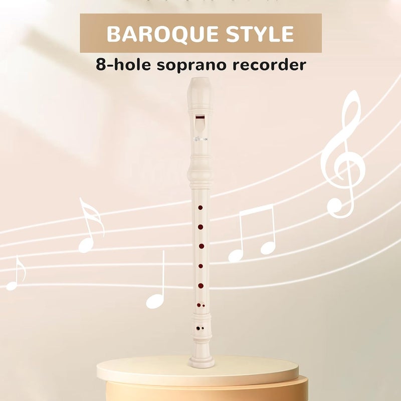 SWAN Soprano Recorder Instrument for Beginners Student - 8 Hole Flute Detachable 3pcs ABS Descant Recorders with Cleaning Rod and Chart, Baroque Style, Beige - Image 3