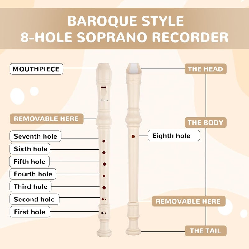 SWAN Soprano Recorder Instrument for Beginners Student - 8 Hole Flute Detachable 3pcs ABS Descant Recorders with Cleaning Rod and Chart, Baroque Style, Beige - Image 2
