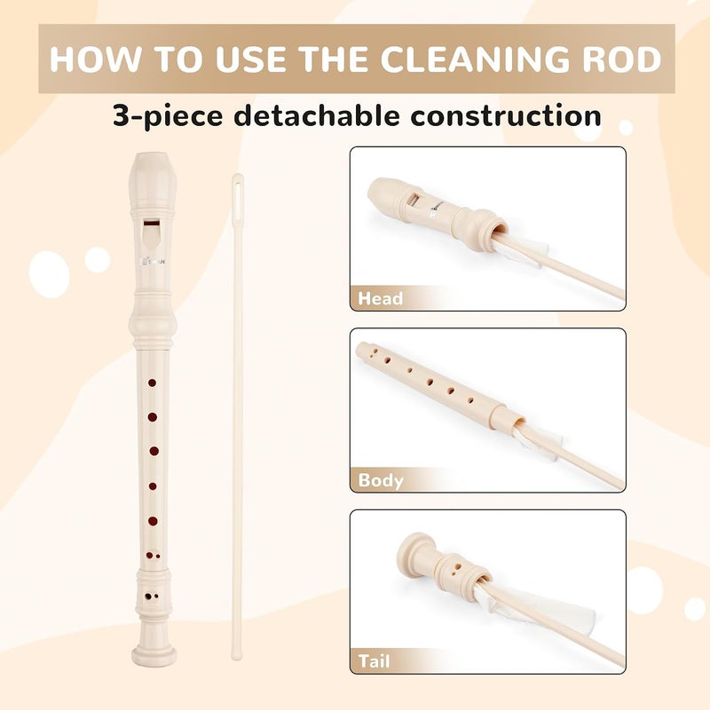 SWAN Soprano Recorder Instrument for Beginners Student - 8 Hole Flute Detachable 3pcs ABS Descant Recorders with Cleaning Rod and Chart, Baroque Style, Beige - Image 4