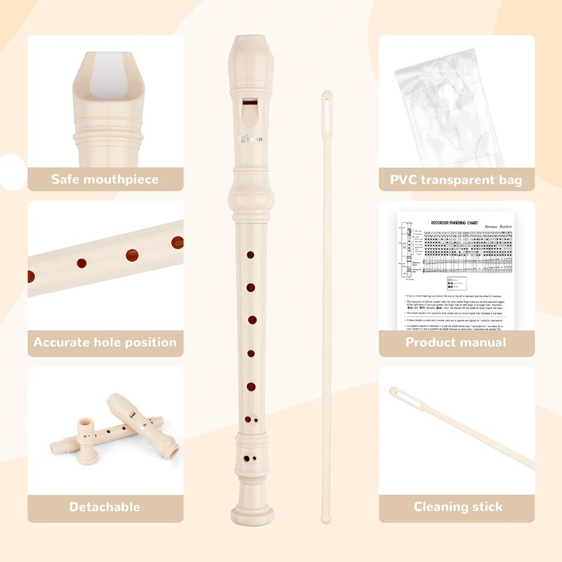 SWAN Soprano Recorder Instrument for Beginners Student - 8 Hole Flute Detachable 3pcs ABS Descant Recorders with Cleaning Rod and Chart, Baroque Style, Beige - Image 1