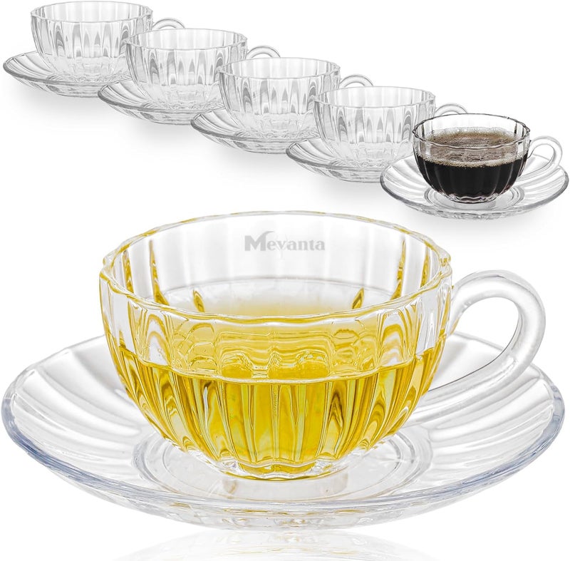 Mevanta Premium Glass Tea Cup and Saucer Set (6 Cups & 6 Saucers - 200 ML) Transparent Cups & Saucer Set For Coffee Herbal Green Tea, Lemon Tea, Espresso, Hot Chocolate,Cappuccino (MSC - 06, Set of 6) - Image 1