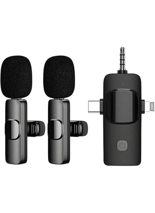 3-in-1 Wireless Microphone with Type-C, Lightning, and AUX – Dual Mic for iOS and Android Devices – Ideal for YouTube and Live Streaming – 2024 Edition – Black