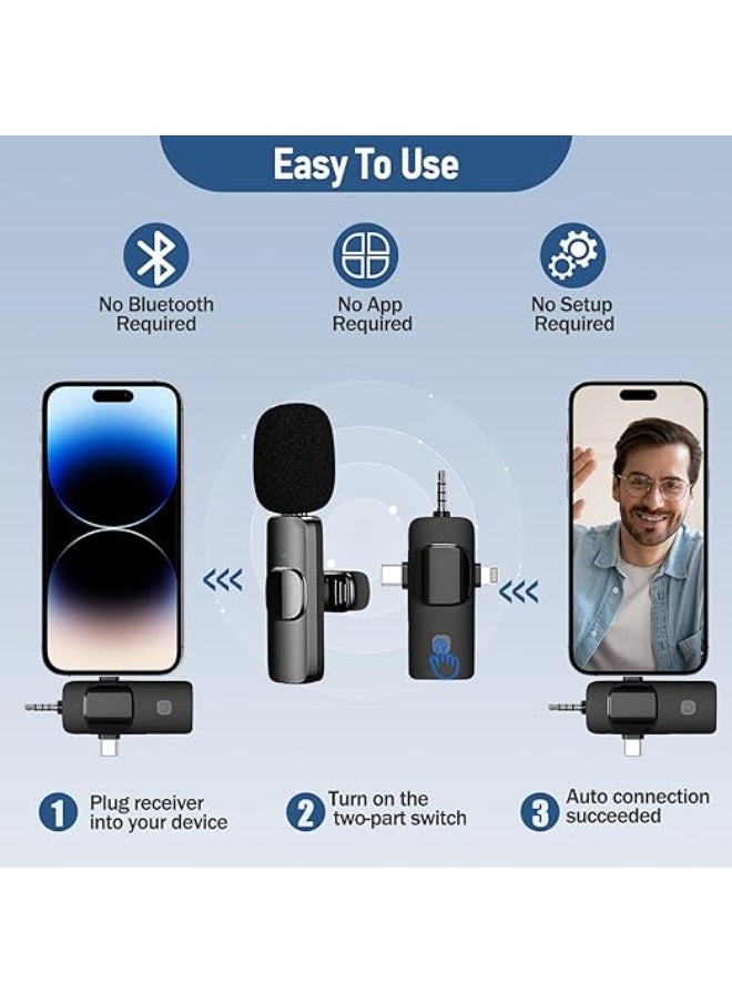 3-in-1 Wireless Microphone with Type-C, Lightning, and AUX – Dual Mic for iOS and Android Devices – Ideal for YouTube and Live Streaming – 2024 Edition – Black