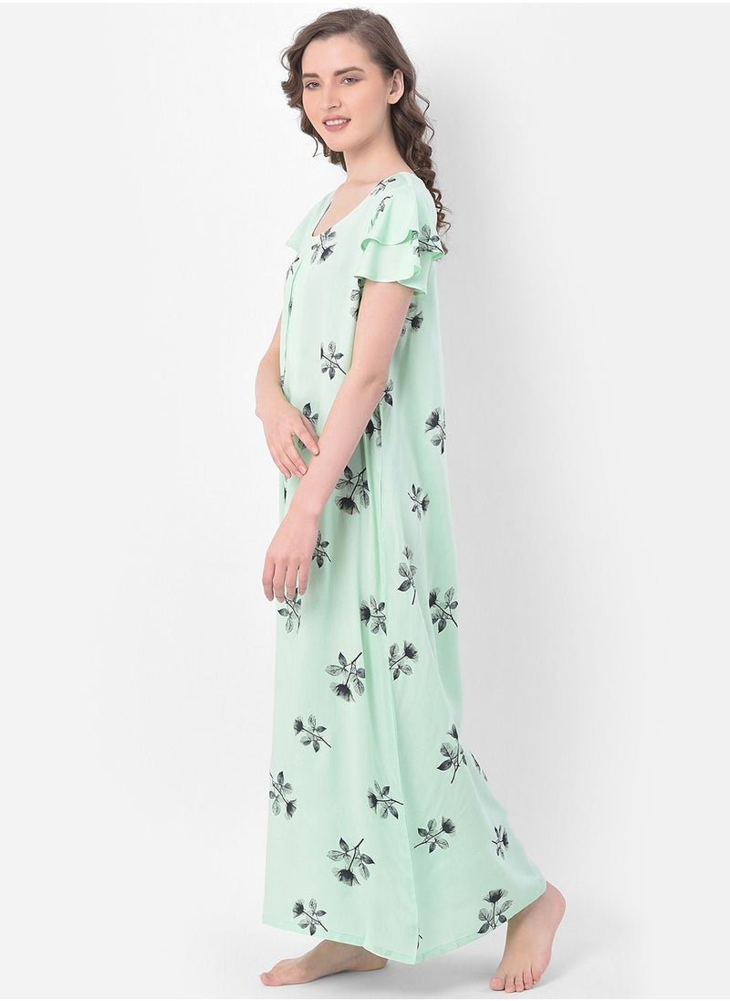Clovia - Clovia Leaf Print Long Nighty in Light Green - Rayon - Image 1