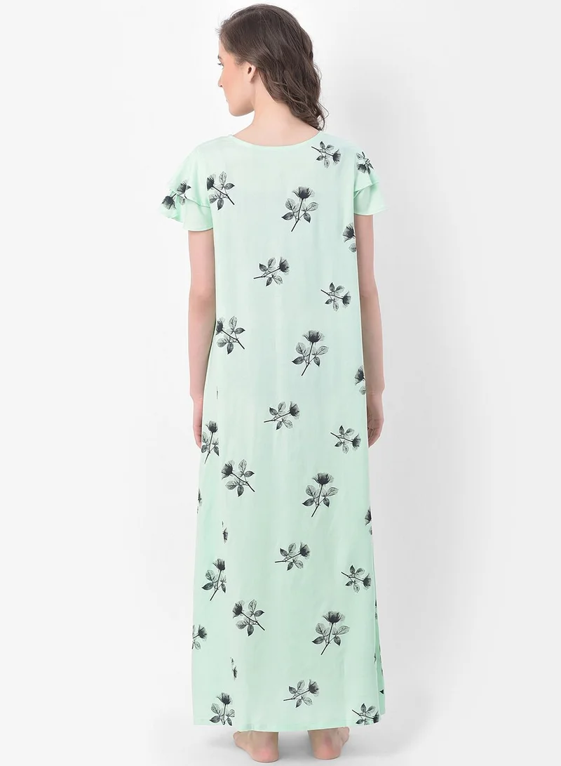 Clovia  Clovia Leaf Print Long Nighty in Light Green - Rayon for Women | Best Price UAE