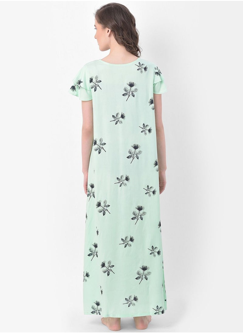 Clovia - Clovia Leaf Print Long Nighty in Light Green - Rayon - Image 1