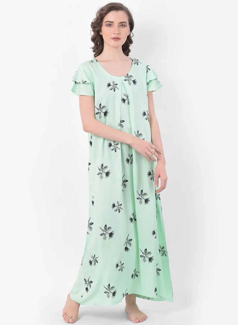 كلوفيا Clovia Leaf Print Long Nighty in Light Green - Rayon