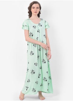 Clovia Leaf Print Long Nighty in Light Green - Rayon