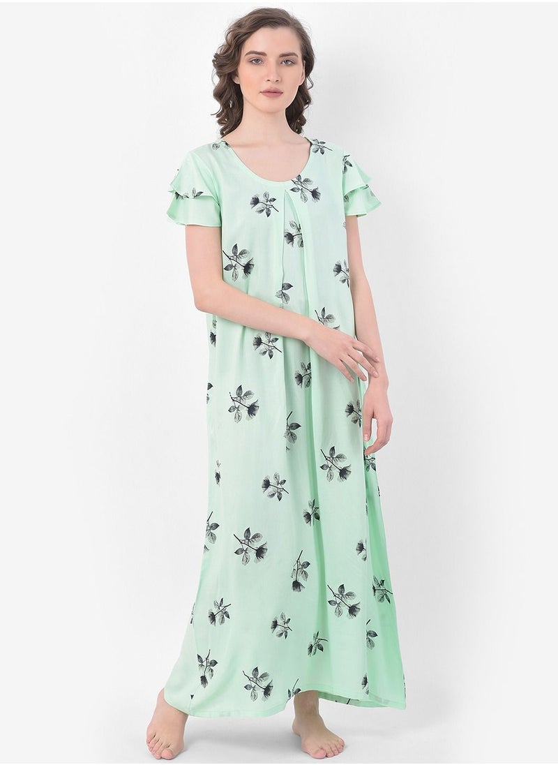 Clovia - Clovia Leaf Print Long Nighty in Light Green - Rayon - Image 1